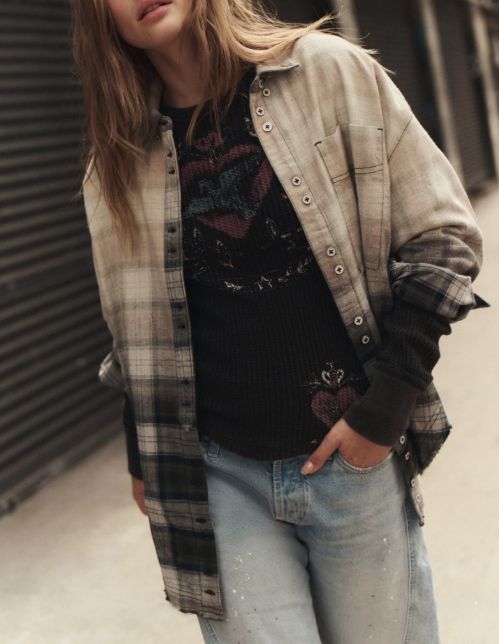 Free People Lexi Plaid Shirt Forest Green Combo