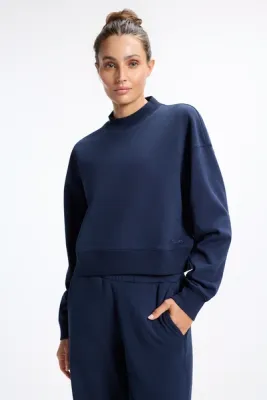 MPG Ultrasoft Fleece Mockneck Crop Sweatshirt Navy
