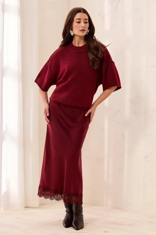 Tribal Cherry Lacquer Satin Skirt with Lace Hem