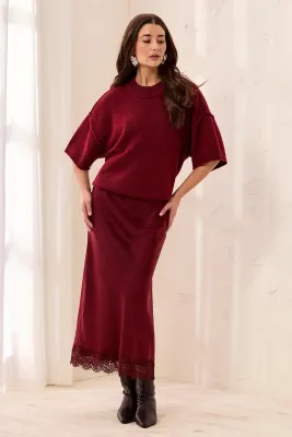 Tribal Cherry Lacquer Satin Skirt with Lace Hem