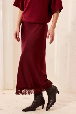 Tribal Cherry Lacquer Satin Skirt with Lace Hem
