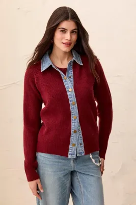 Tribal Cherry Lacquer Mixed Media Sweater Jacket