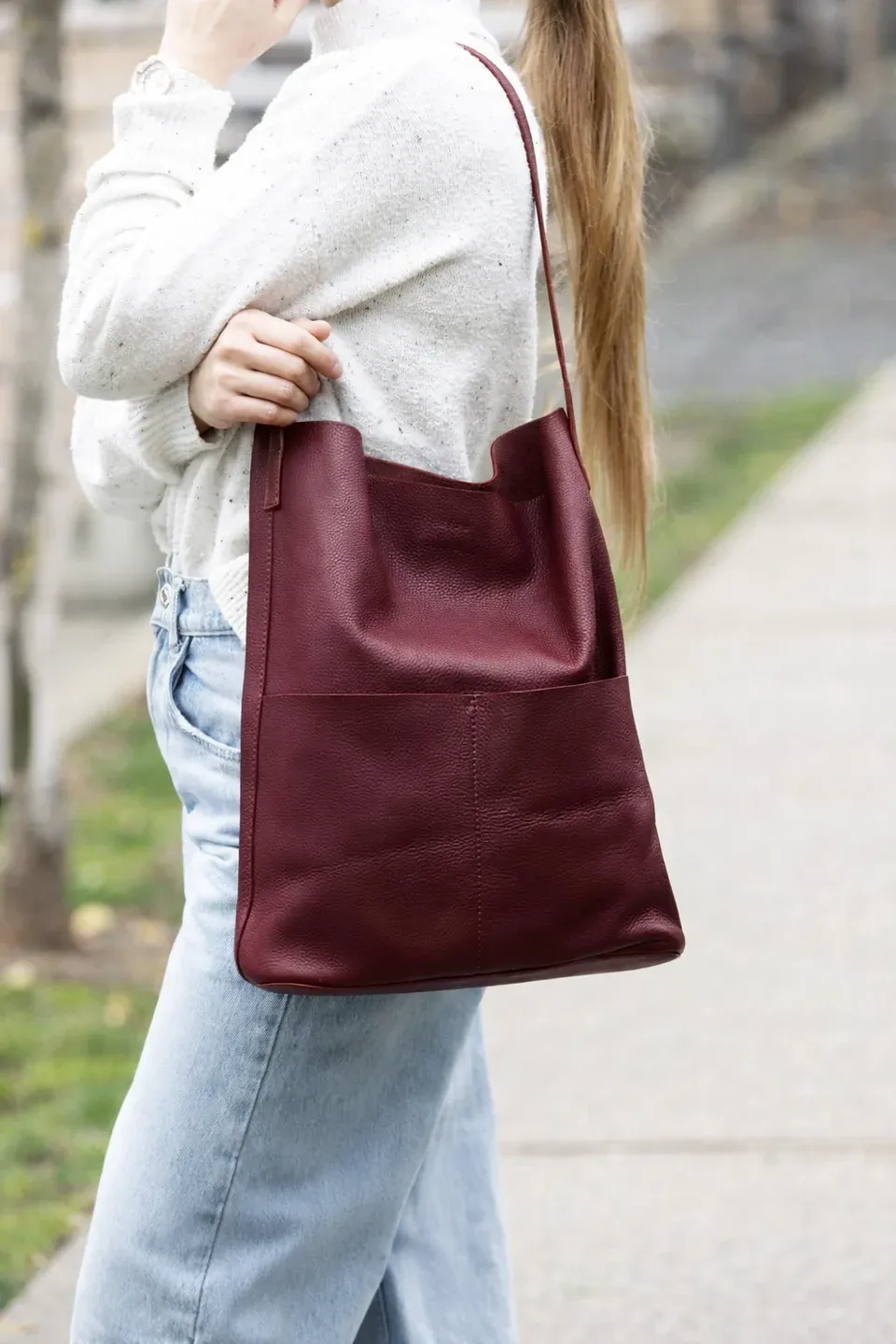 RISA Lila Pocket Leather Tote Maroon