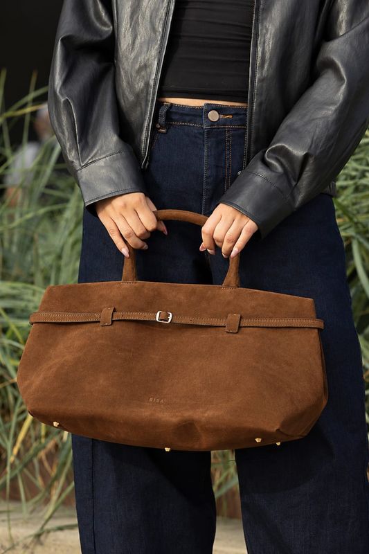 RISA Monroe Classic Satchel Bag Chocolate Brown Suede