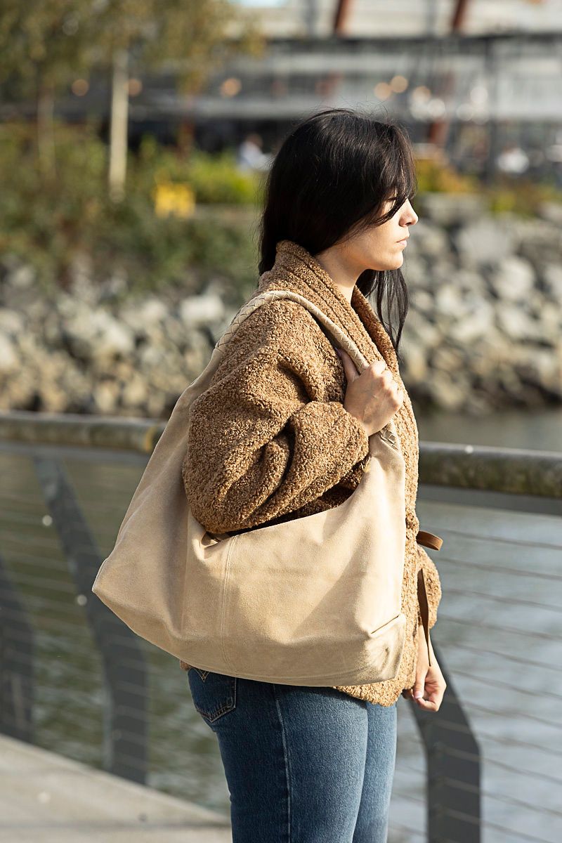RISA Kate Weave Slouchy Hobo Bag Beige Suede