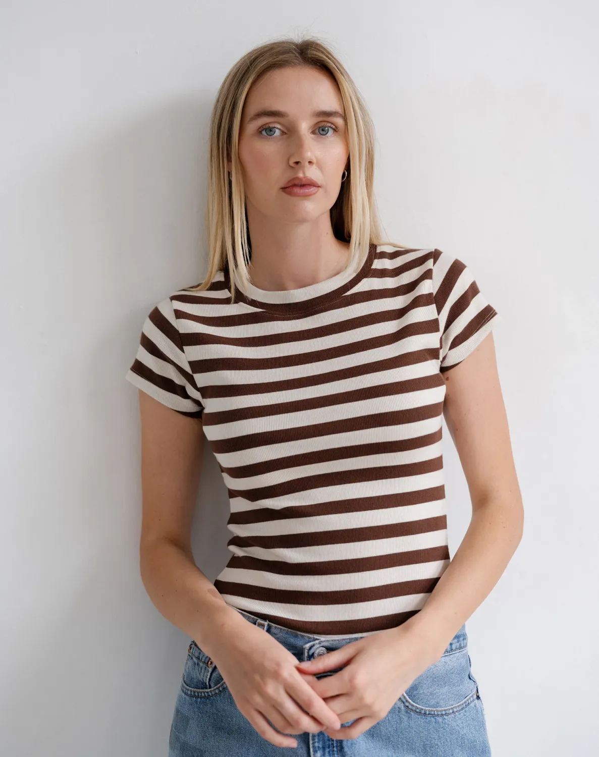 Brunette the Label Ribbed Cap Sleeve Tee Espresso w Cream