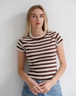 Brunette the Label Ribbed Cap Sleeve Tee Espresso w Cream
