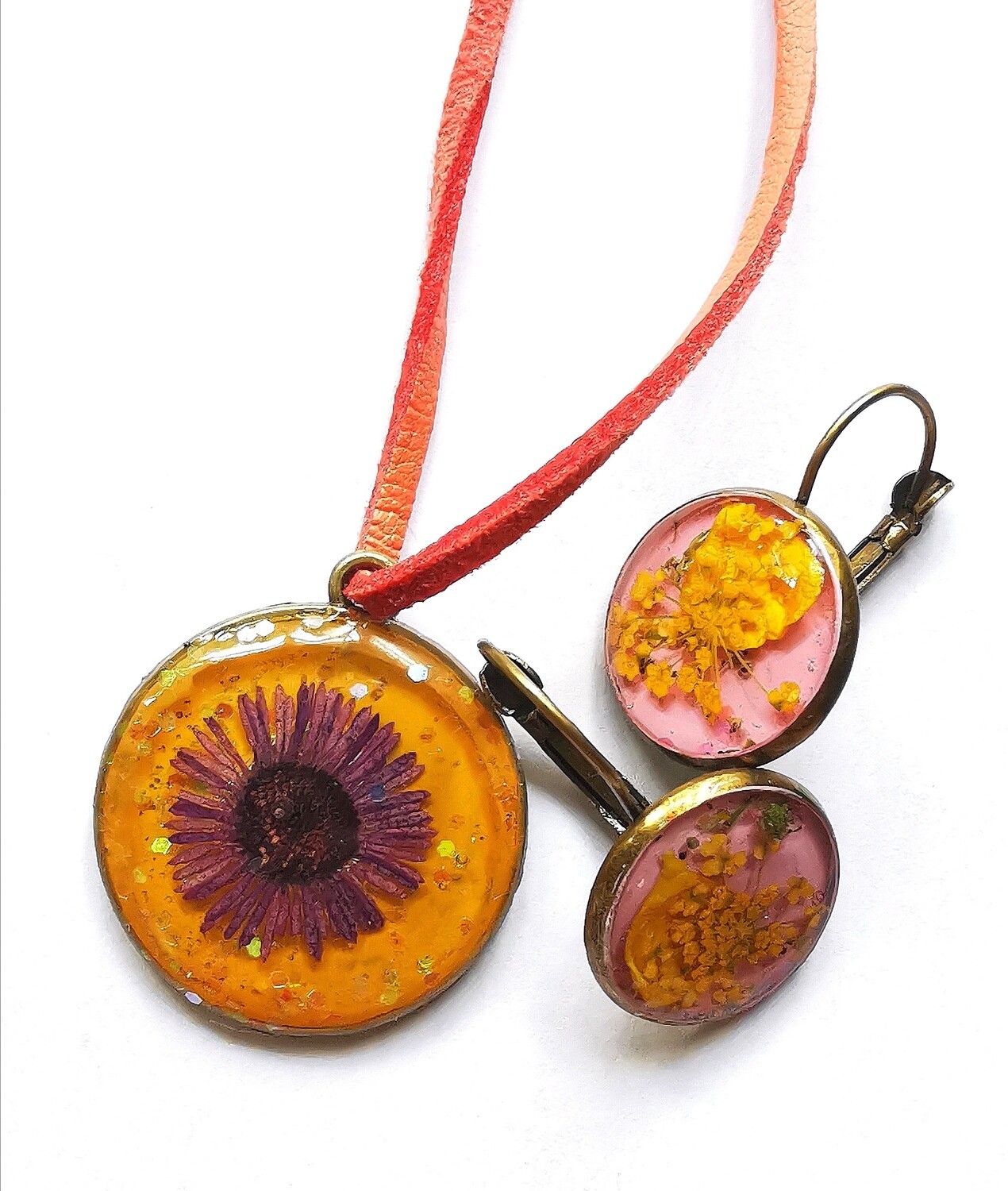 Orange pink and purple pendant and earrings set