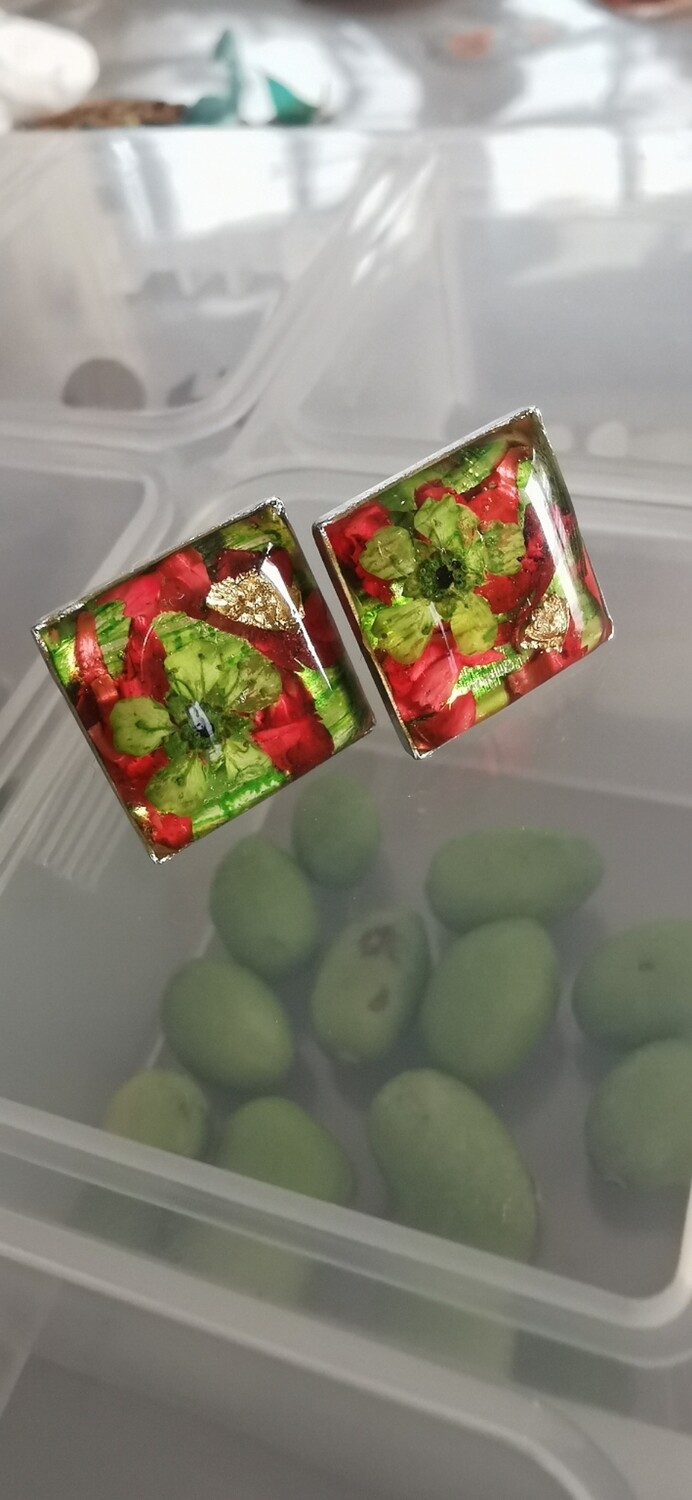 Green and red square earrings