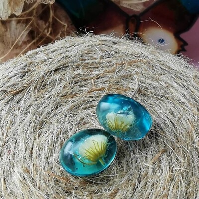 Light blue oval mini dandelions stud earrings