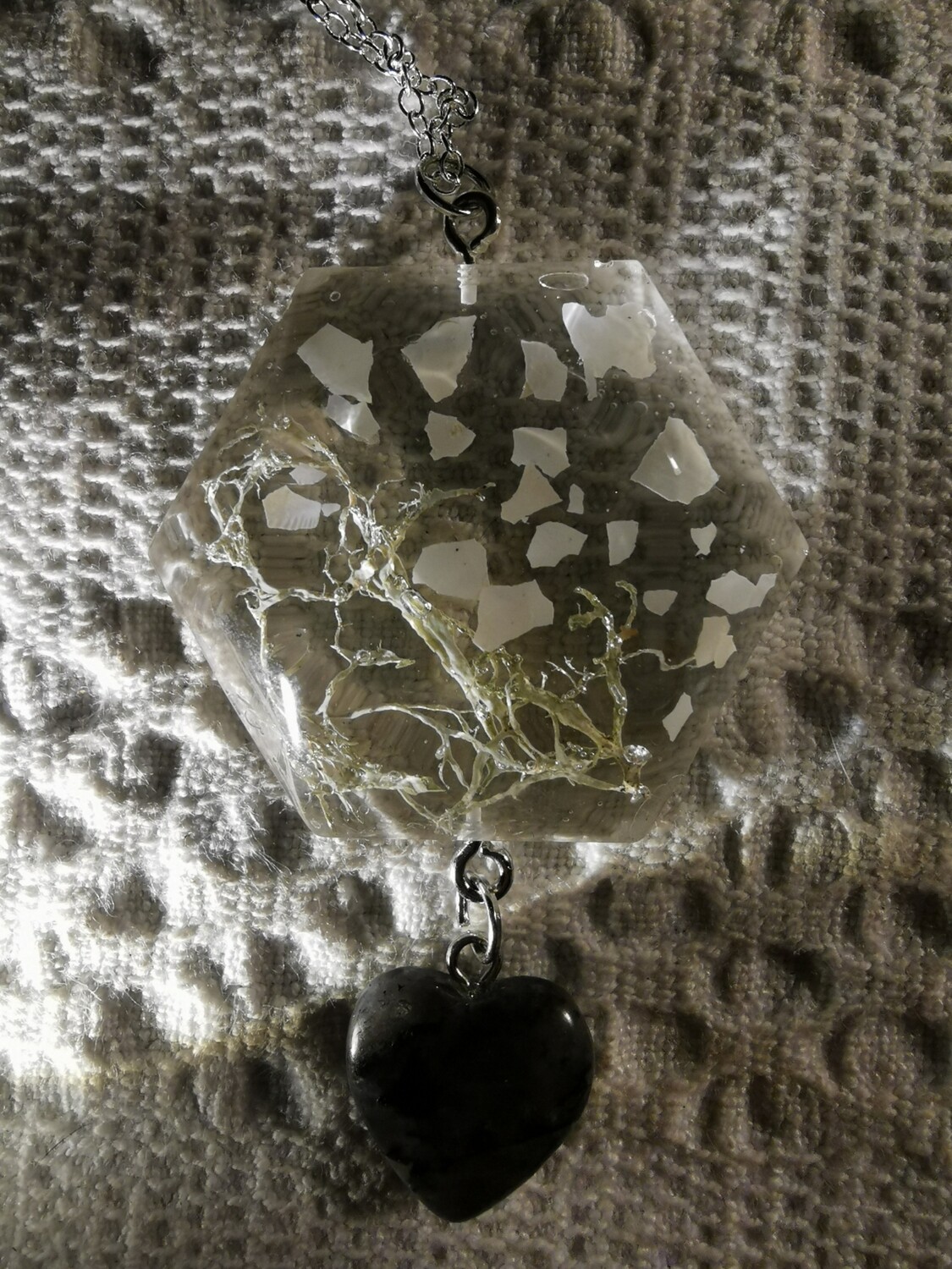 Mini egg shell and licken diamond pendant with natural stone heart