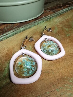 Blue and White Flowers Earrings - Light Pink
