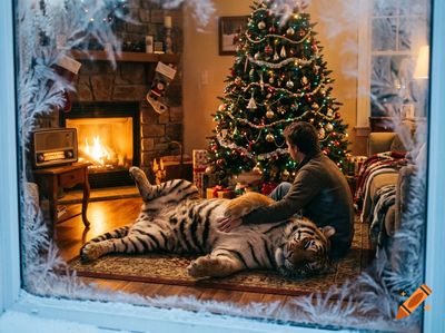 lion sitting under christmas tree with man
