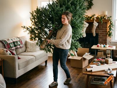 Woman carrying a Christmas tree from her home