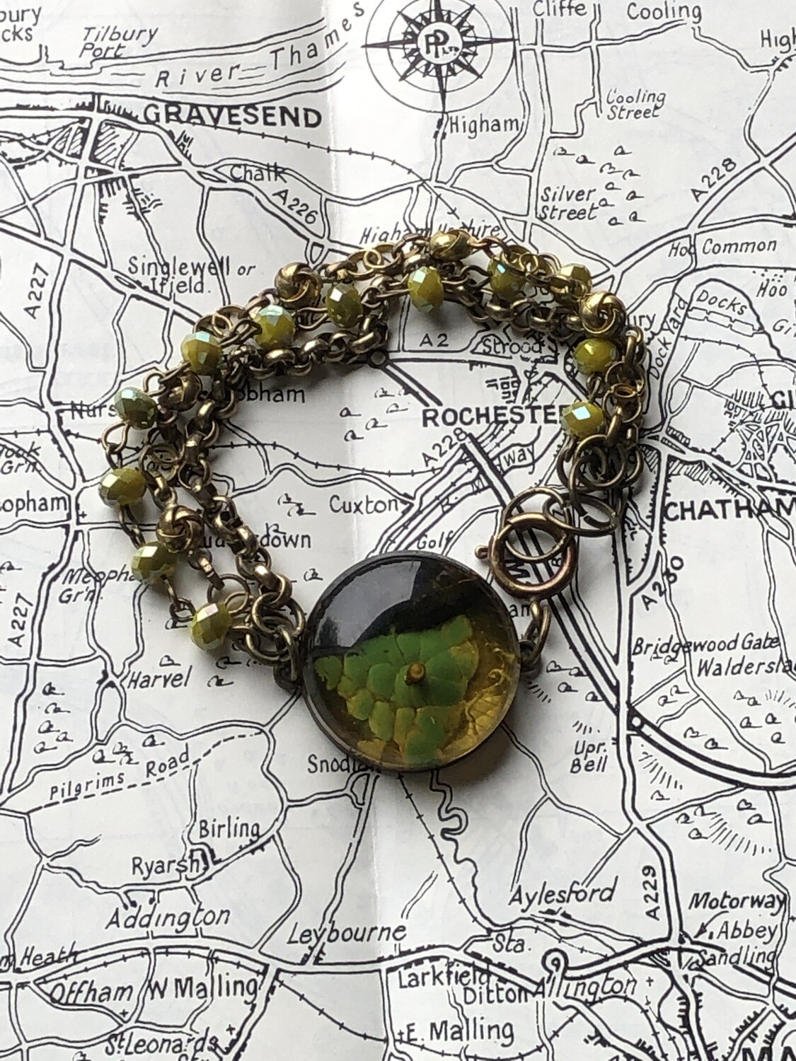 Olive Green Flower Button Chain Bracelet