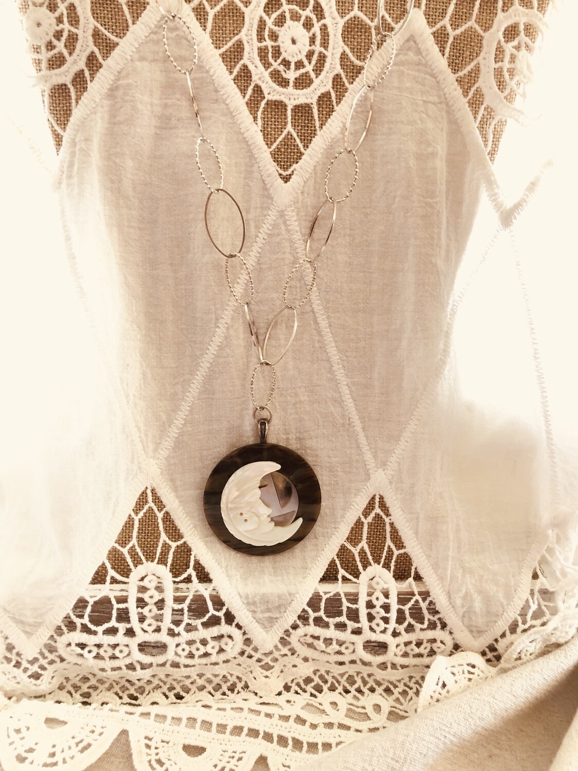 Crescent Moon Pendant - Man on the Moon Necklace