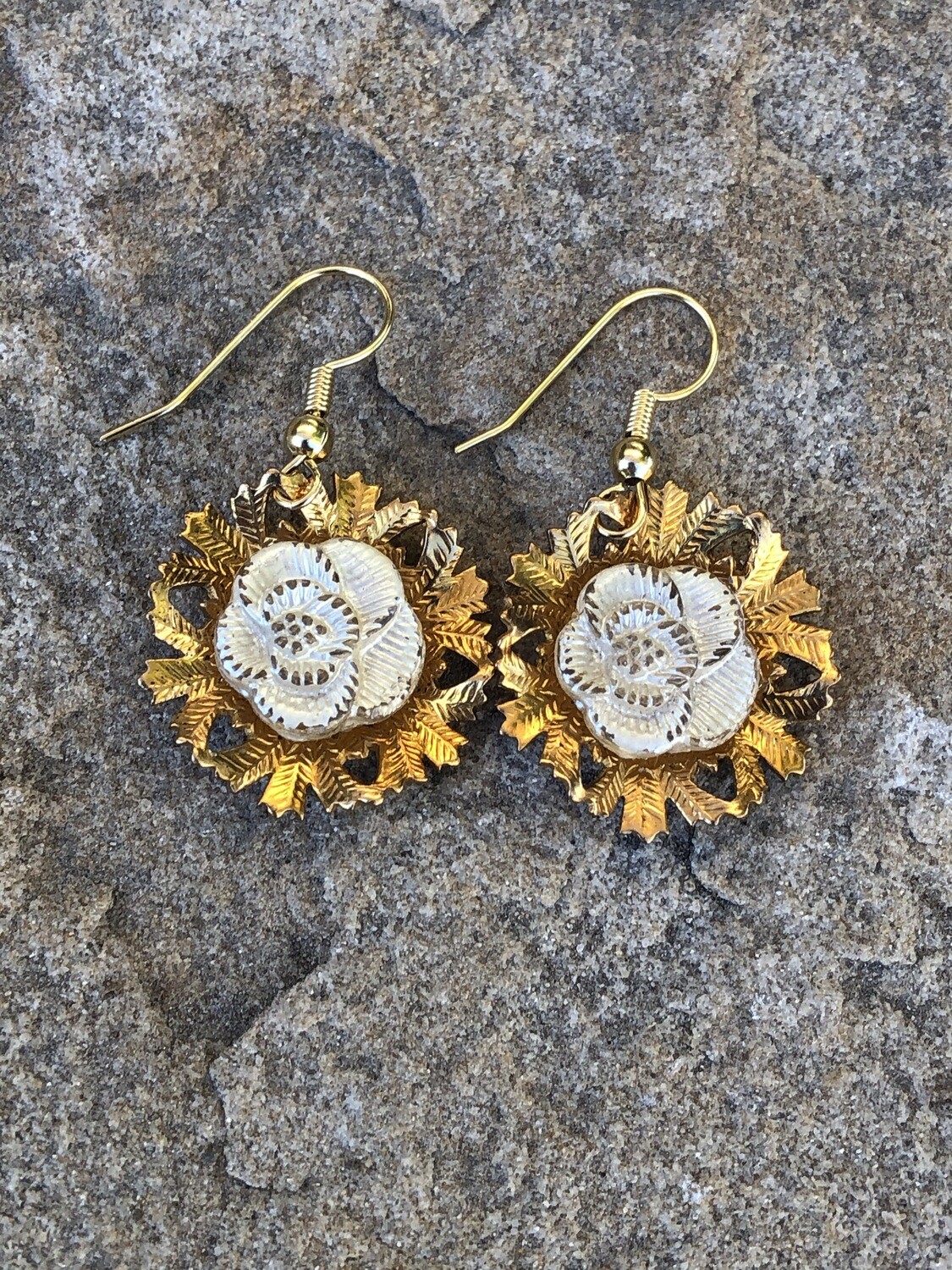Antique Glass Button Earrings - Rose Design