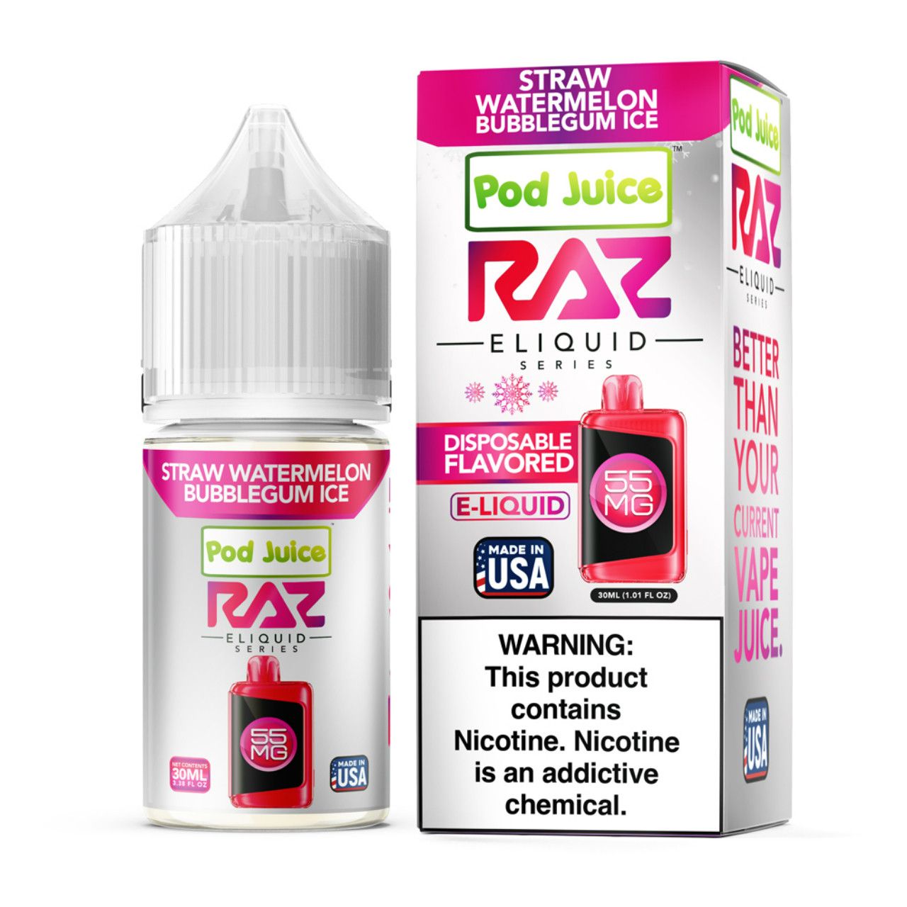 Pod Juice x RAZ Salt Straw Watermelon Bubblegum Ice 30ml
