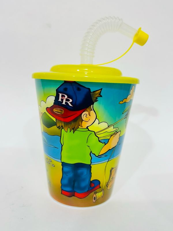 23184-0 Small plastic cup with lid &amp; straw amarillo