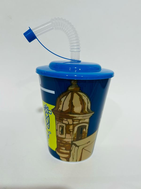 23397-4 Small plastic cup with lid &amp; straw Azul