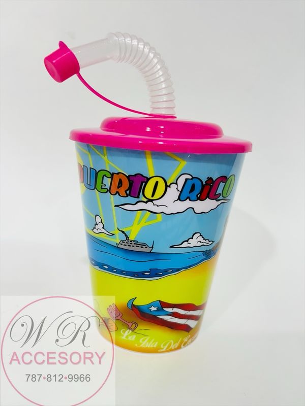 23183-3 Small plastic cup with lid &amp; straw Pink