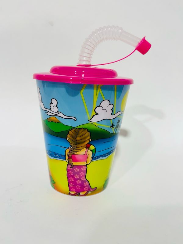 23183-3 Small plastic cup with lid &amp; straw Pink