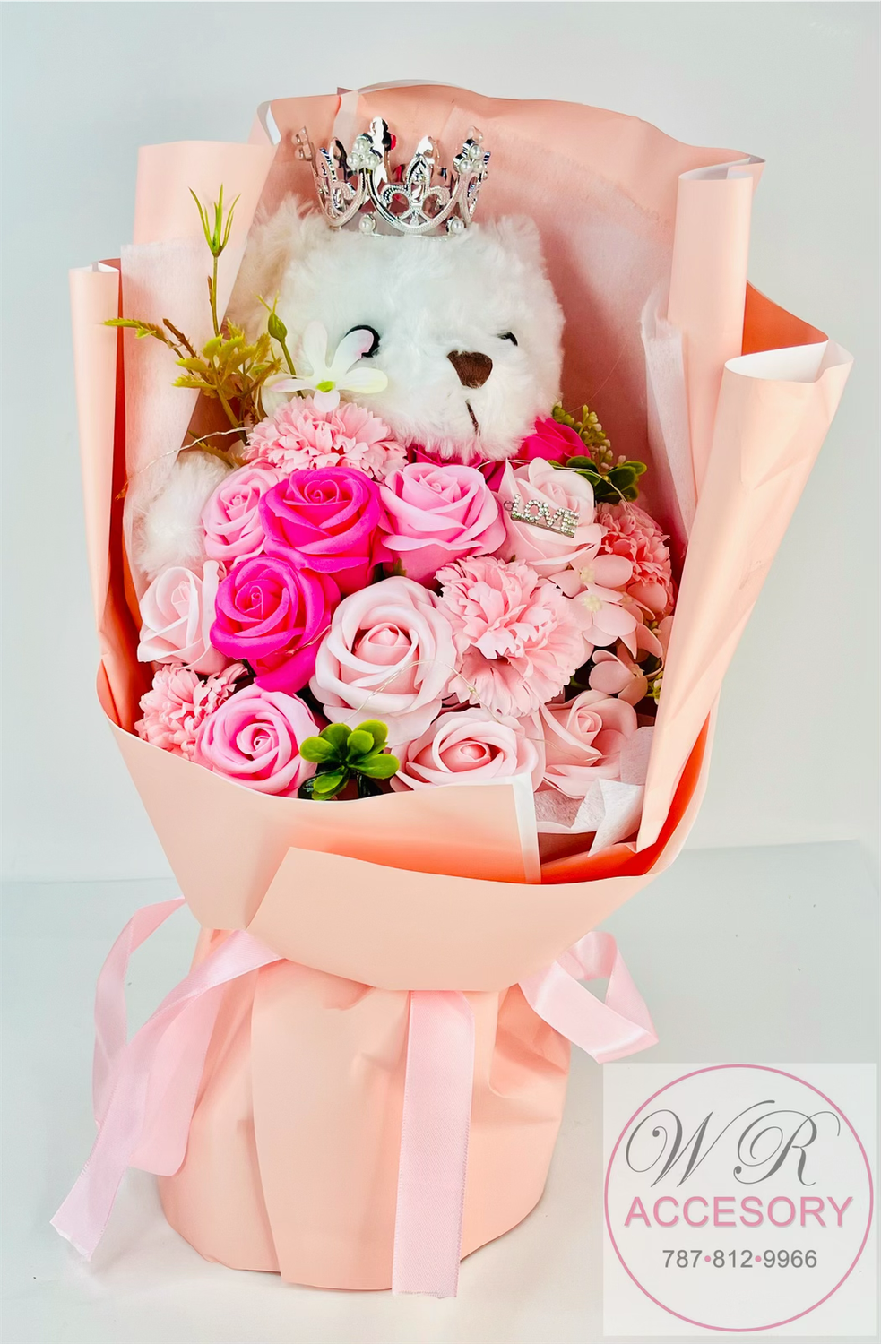 SLP-7494 Flower bouquet bear pink 1pcs
