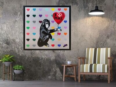 I Love Peace Monkey with Dripping Hearts with Float Frame