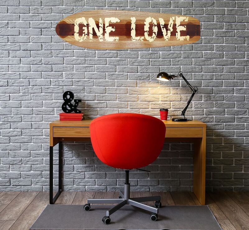 'One Love' in Gold Leaf with Dripping Hearts on Striped Natural Wood Pro AM Skateboard Deck 2