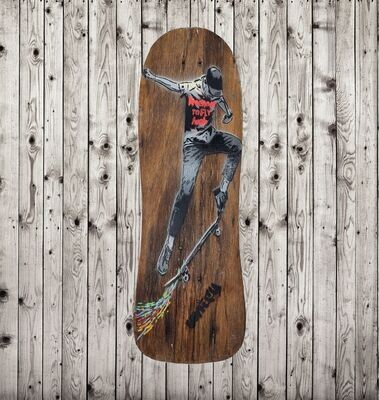 Flying High Skater on Recycled Natural Wood Skateboard Deck