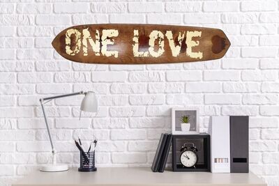 'One Love' Gold Leaf with Dripping Hearts on Dark Natural Wood Pro AM Skateboard Deck 1