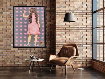 Pink Dripping Hearts Girl on Canvas with Float Frame
