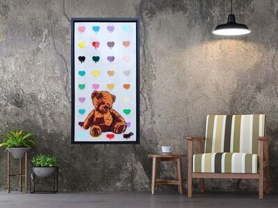 Dripping Hearts Bear on Recycled Wood Box with Float Frame