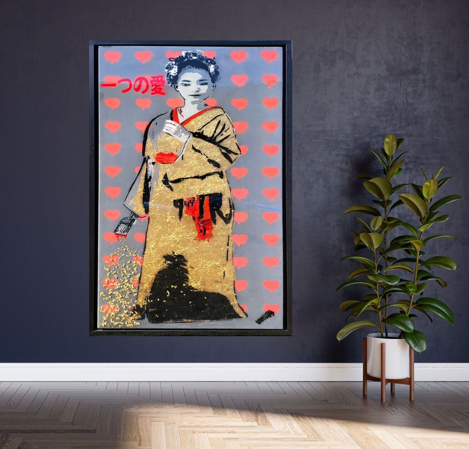 Dripping Hearts Golden Geisha Girl on Recycled Wood Box with Float Frame