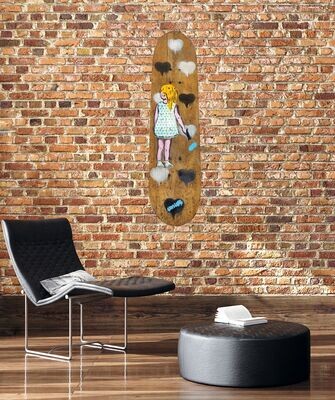 Black and Silver Dripping Hearts Girl on Recycled Natural Wood Skateboard Deck