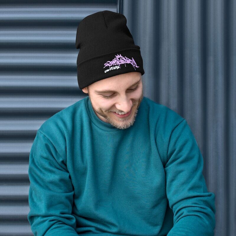 Hot Pink One Love Emboss Stitched Black Beanie Cuffed Hat One Size