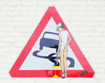 Tennis Paint Girl on Slippery Road Sign