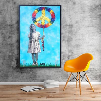 Peace Balloons Girl on Recycled Wood Box with Float Frame