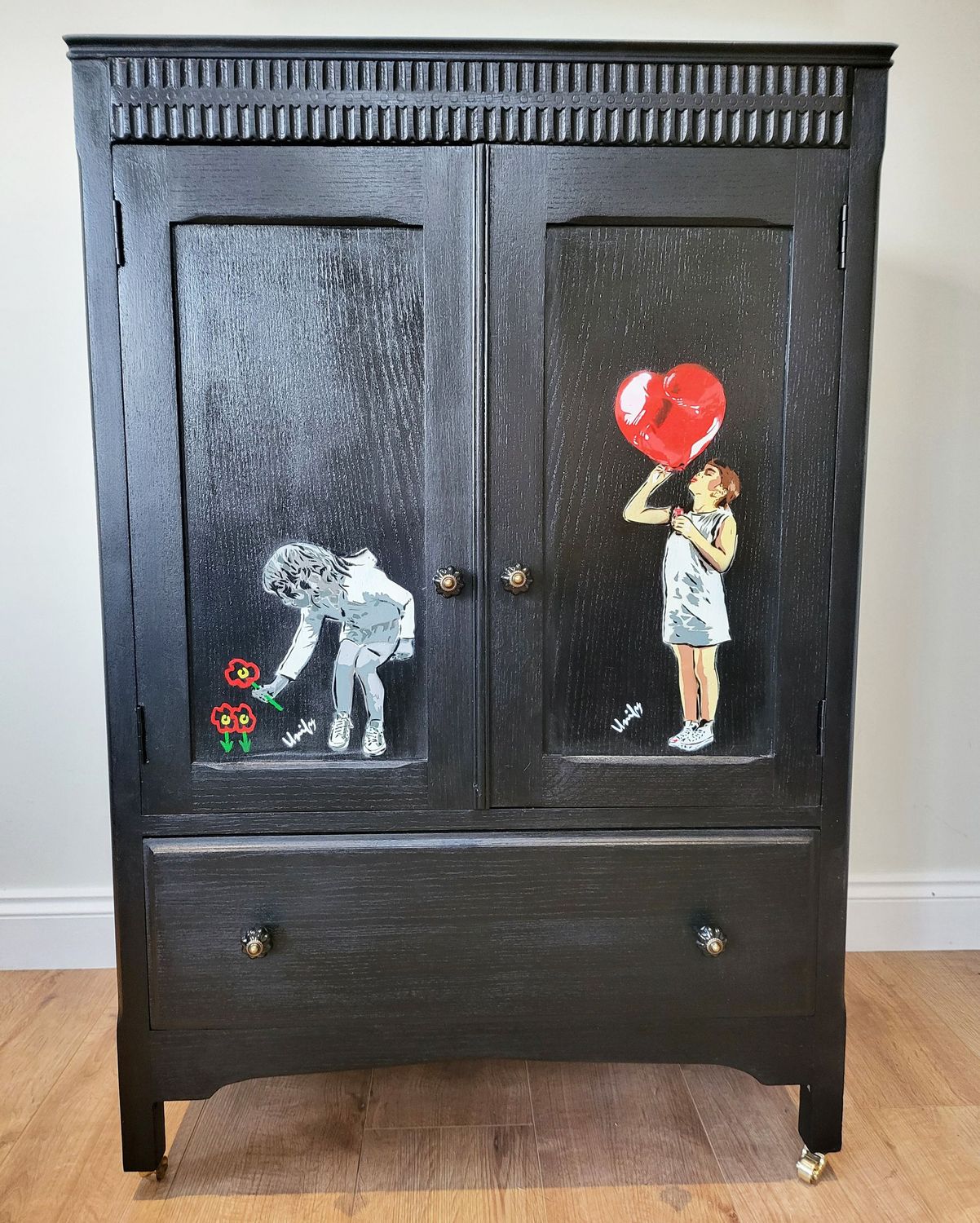 Hand Painted Flower Picker and Bubble Blower on Black Pine Cabinet with Wheels Antique Upcycled Furniture