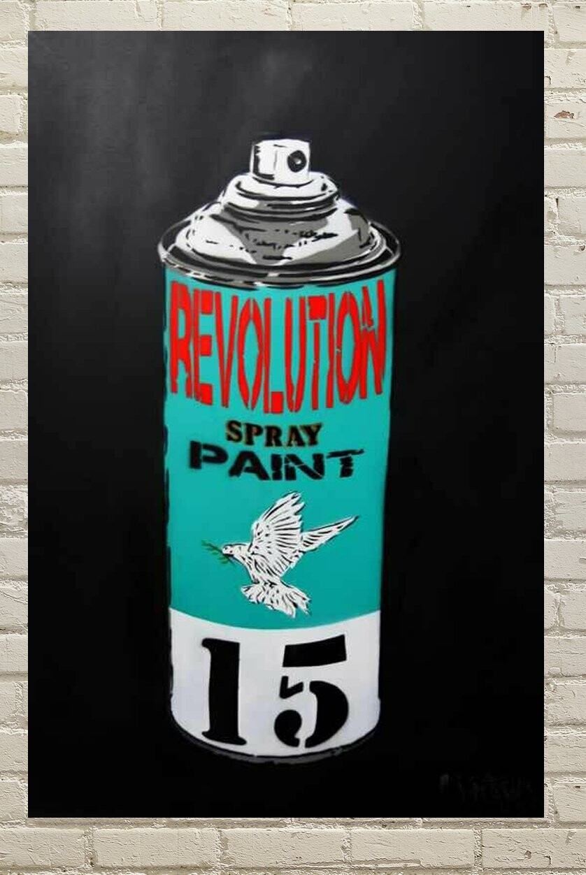 Revolution Spray Paint Can (Turquoise) - Limited Edition A1 On Black Board Revolution Spray Paint Can (Turquoise) - Limited Edition A1 On Black Board