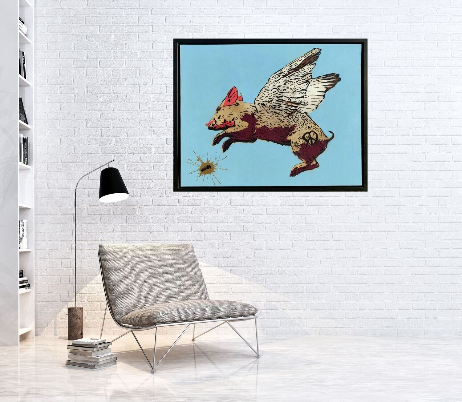 Blue CND Flying Pig on Canvas with Float Frame Blue CND Flying Pig on Canvas with Float Frame