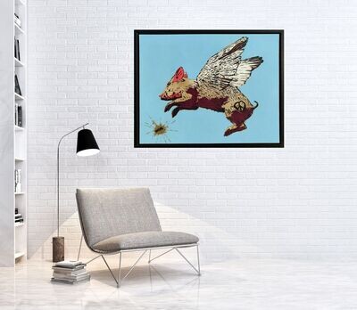 Blue CND Flying Pig on Canvas with Float Frame Blue CND Flying Pig on Canvas with Float Frame