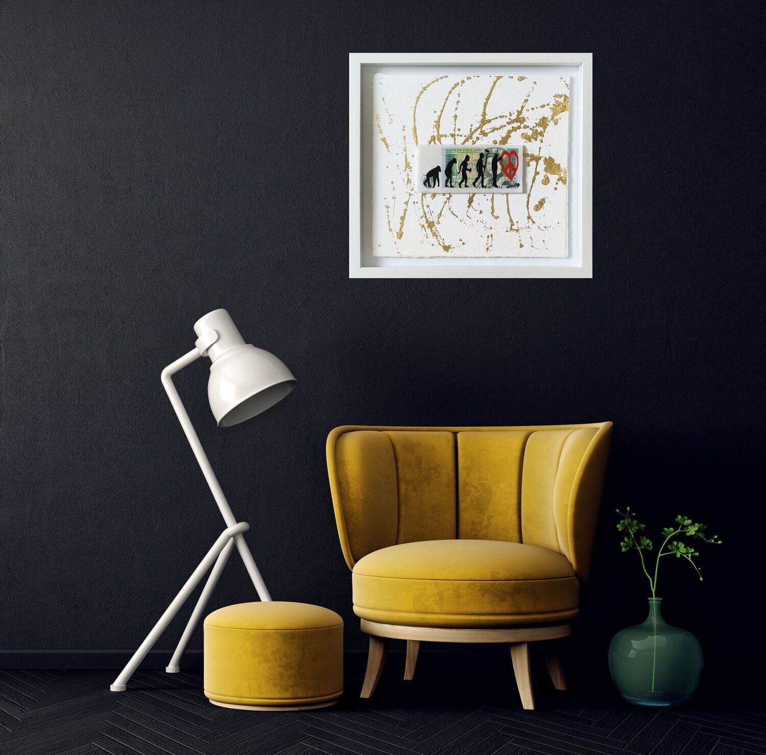 'Revolution of a Street Artist Pound Note' Hand Sprayed Framed on to 24Kt Gold Splashes - White Frame 'Revolution of a Street Artist Pound Note' Hand Sprayed Framed on to 24Kt Gold Splashes - White Frame