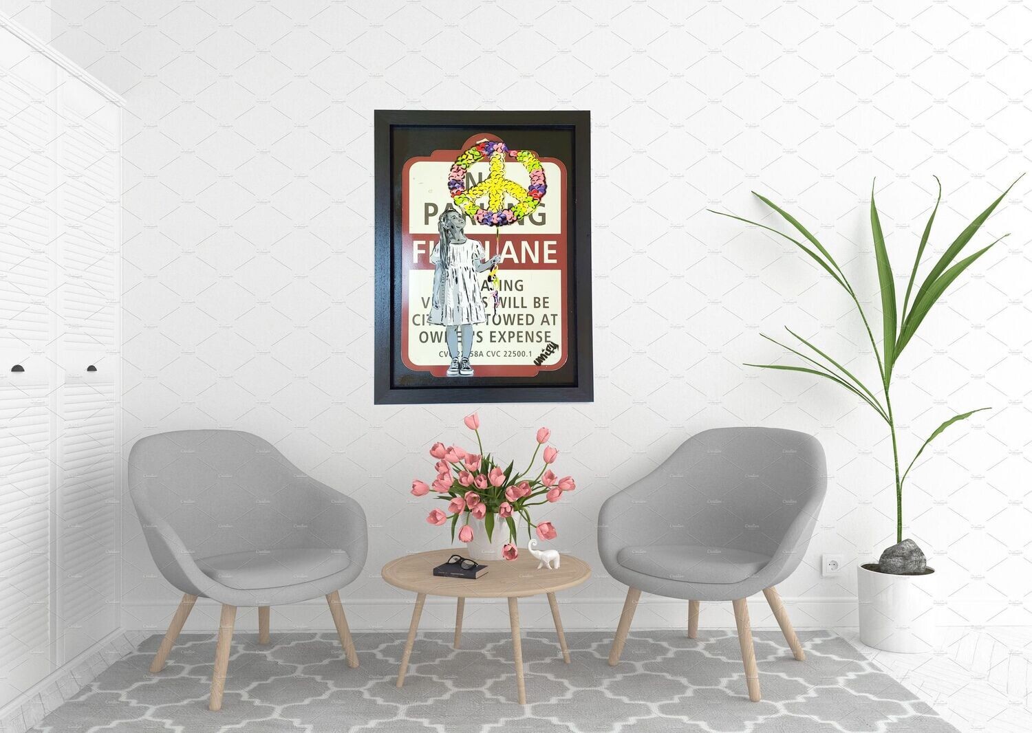 Peace Balloons Girl No Parking Sign Framed - Reloved Series Peace Balloons Girl No Parking Sign Framed - Reloved Series