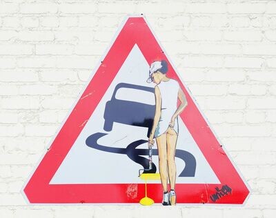 Tennis Paint Girl on Slippery Road Sign Tennis Paint Girl on Slippery Road Sign