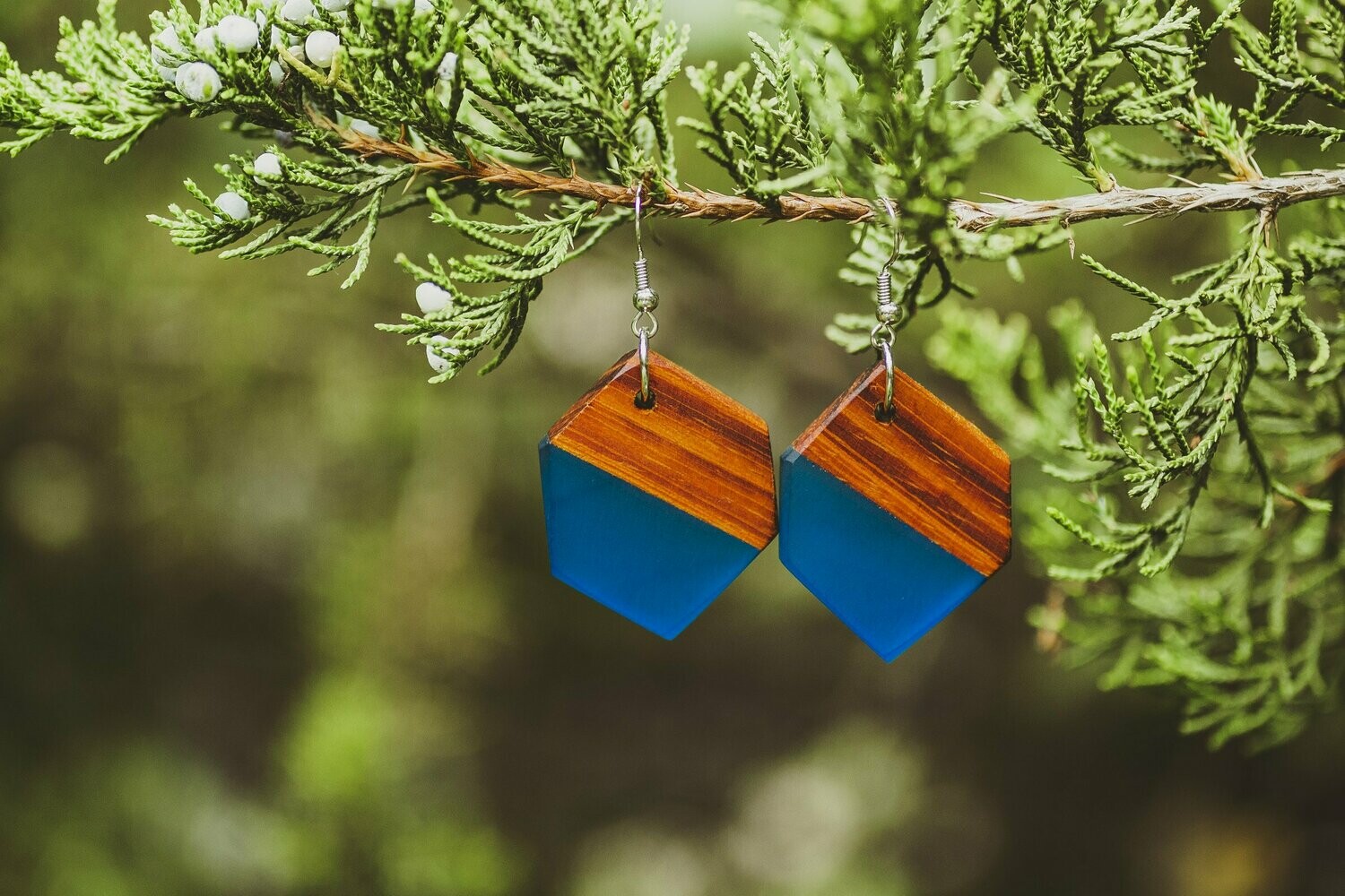 Geometric Wood and Blue Resin Earrings