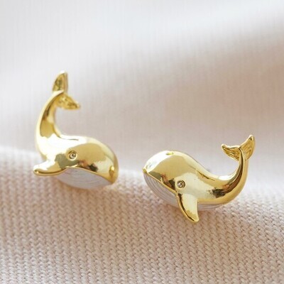 White and Gold Whale Stud Earrings