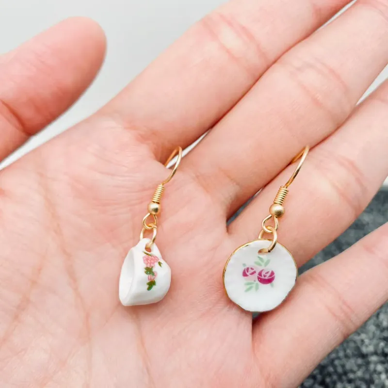 Pink Flora Tea Set Earrings