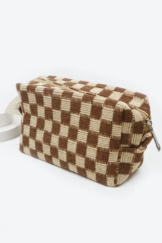 Brown Checkered Cosmetic Bag