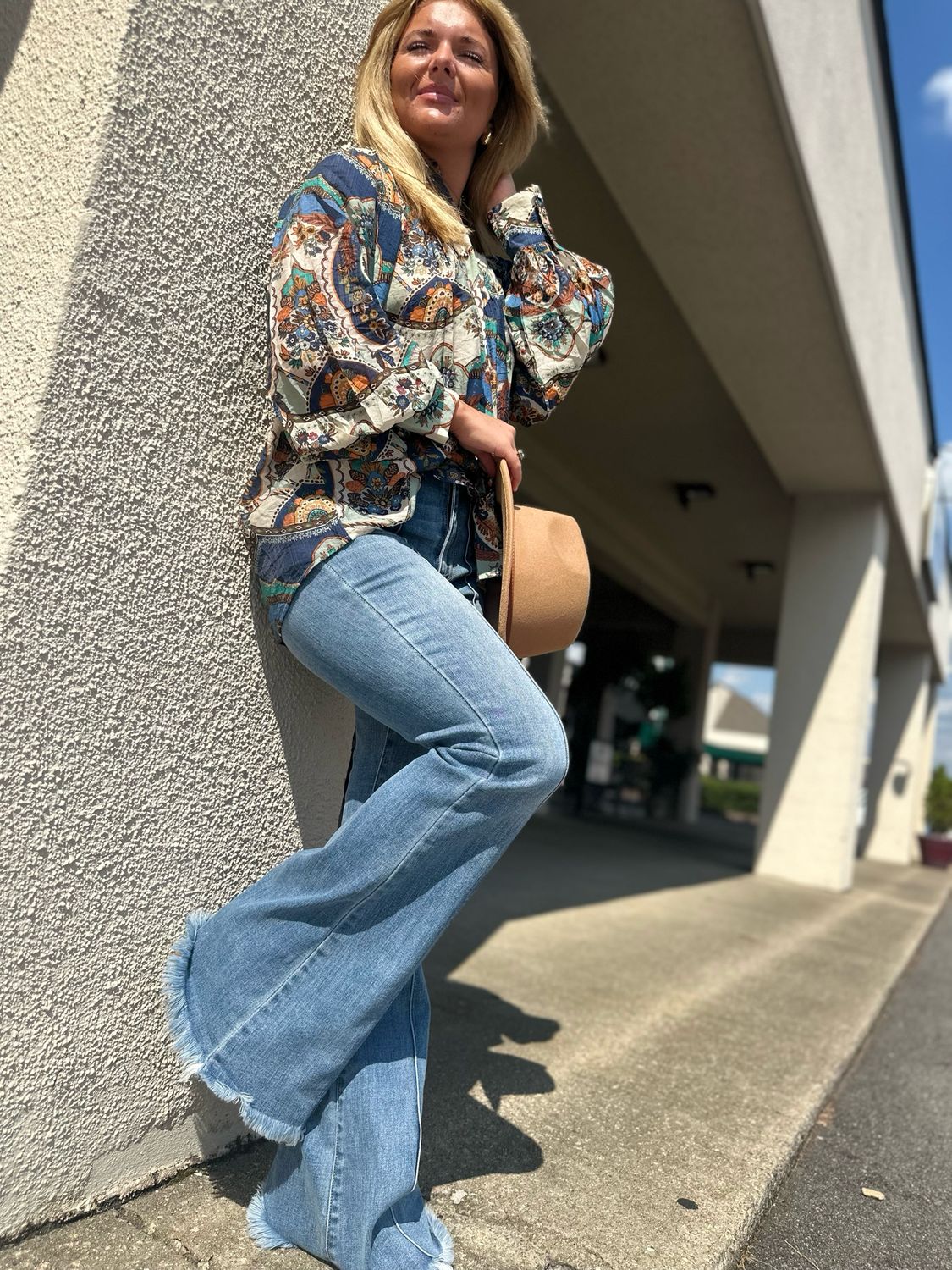 Pintuck Detail Fray Hem Flare
